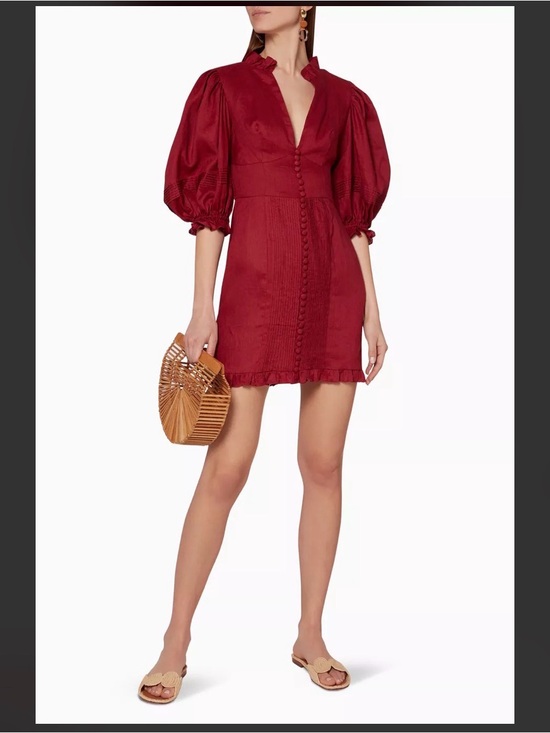 Haute Rogue Dresses & Skirts - Haute Rogue red linen/cotton mini dress w puffed sleeves